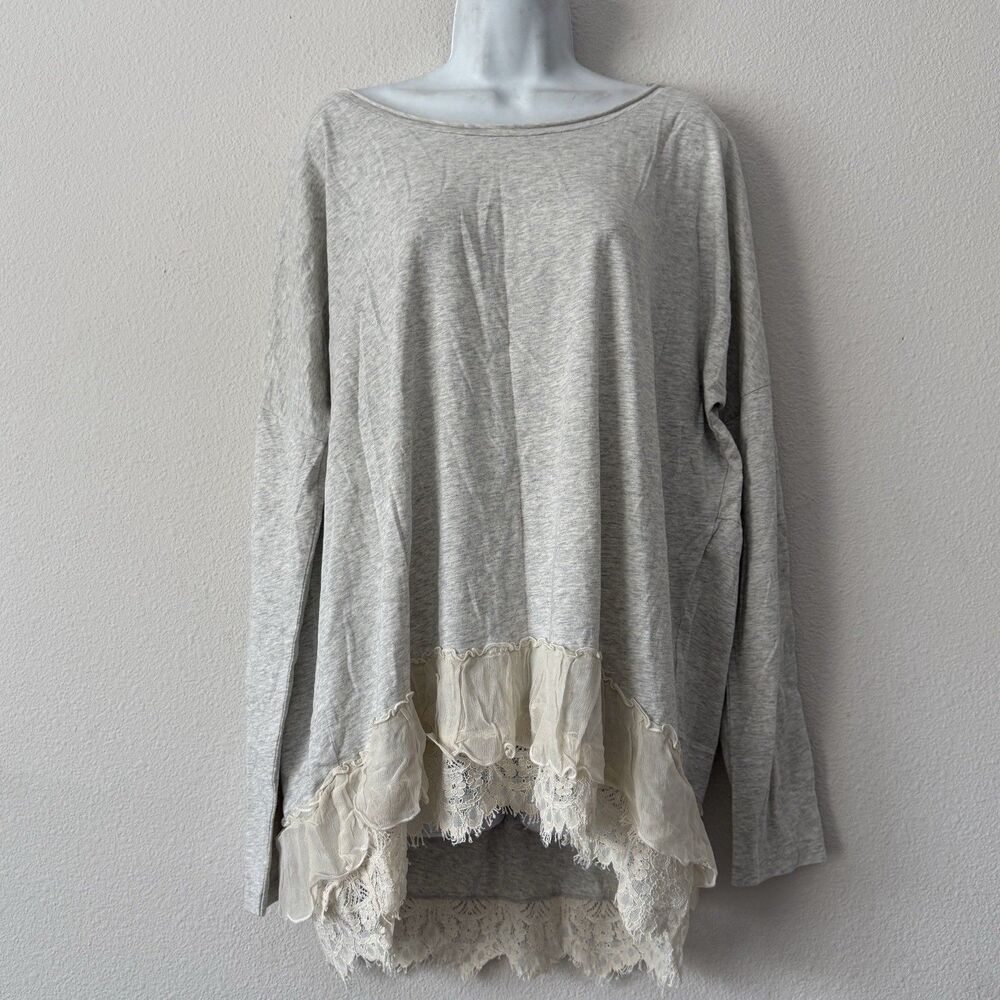 Sundance Gray Lace Hem Long Sleeve Tunic Top Layered Ruffle Boho Cottagecore XL